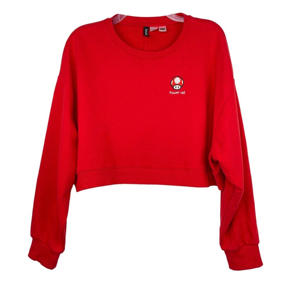 H&M Divided Super Mario Power Up Mushroom Red Crop Long Sleeve Sweater Womens L